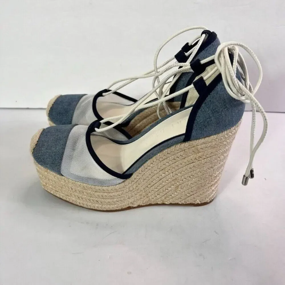 Gianni Bini Sandals Platform Wedges Women 7 Blue Denim Mesh Espadrille Gladiator - Picture 4 of 13